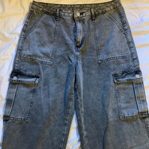 Grey Wide Leg Cargo Jean Pants